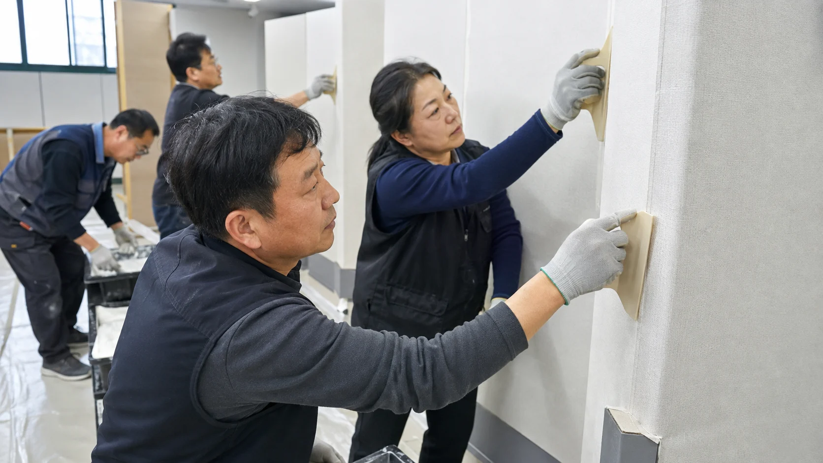 도배 교육 실습에서 작업 순서를 확인하는 모습