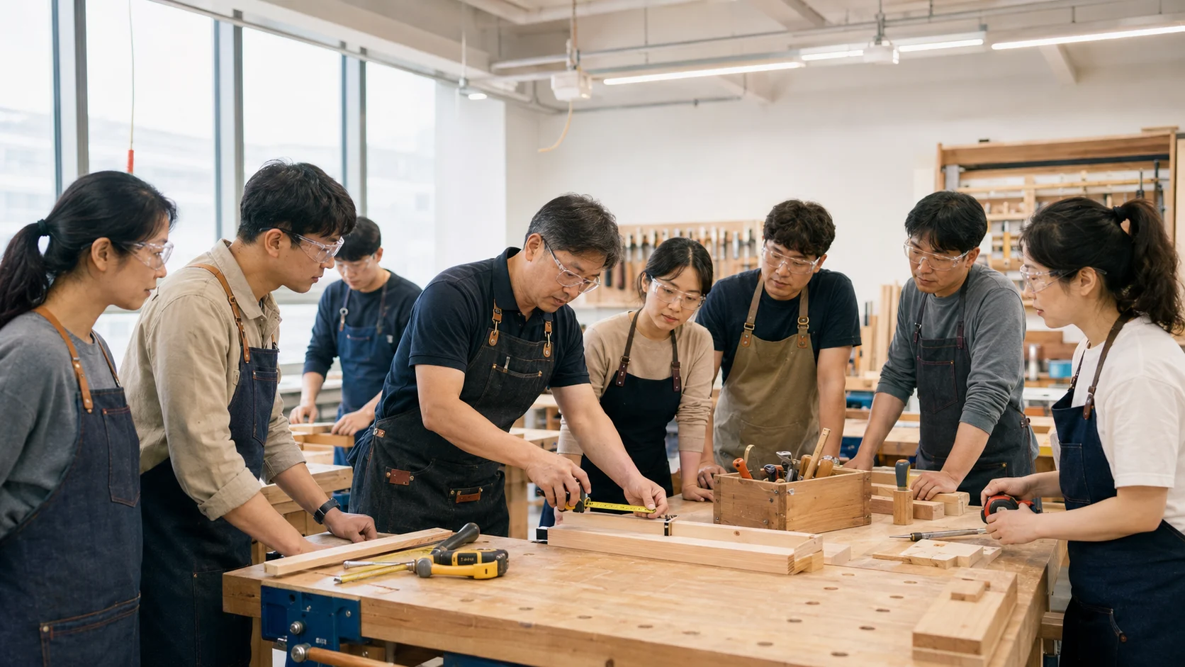 가구 수리 교육 실습에서 작업 순서를 확인하는 모습