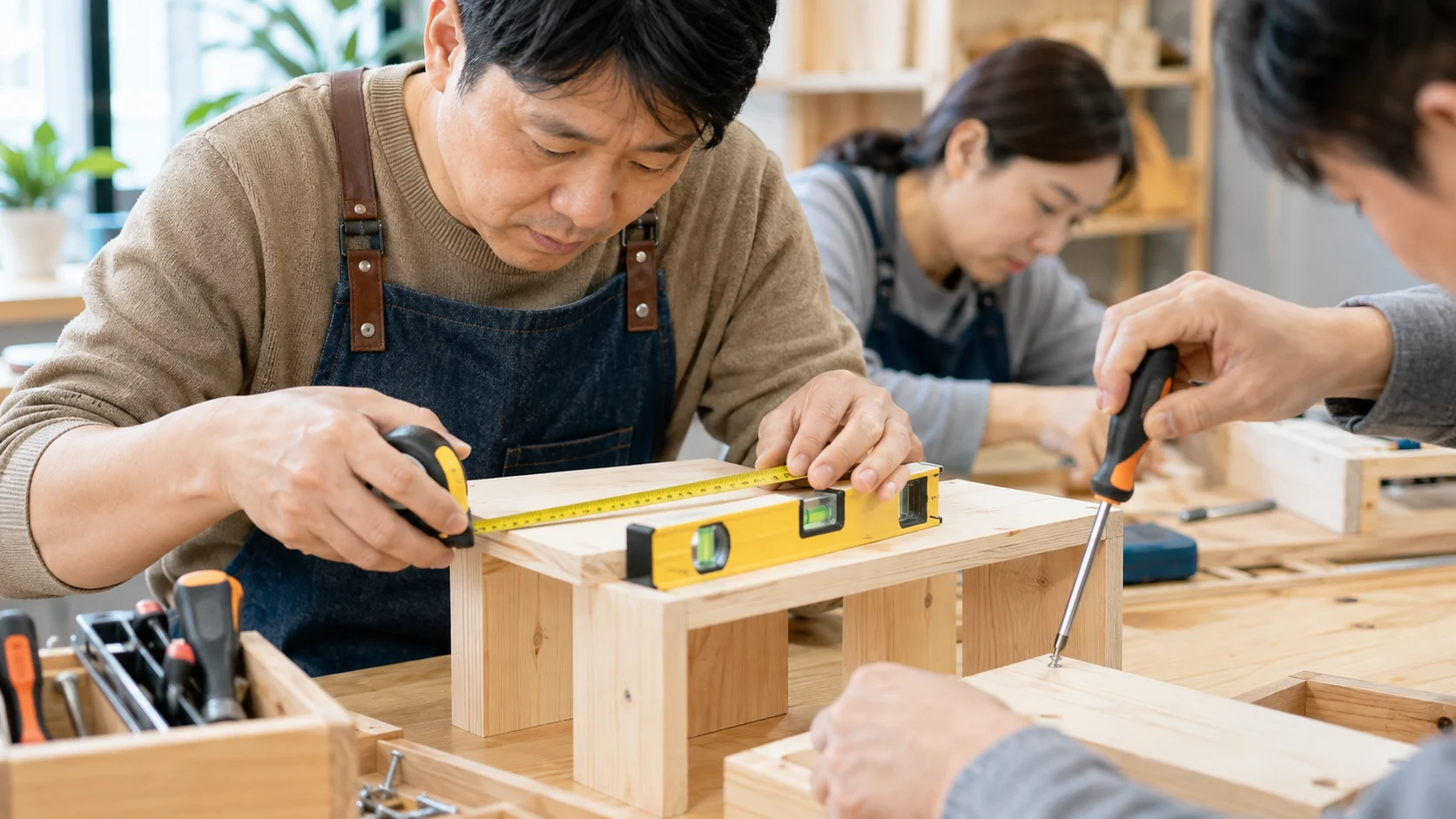 목공 기초 교육 실습에서 작업 순서를 확인하는 모습